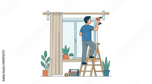 Man Installing Curtain Rod with Power Drill on Ladder, DIY Home Improvement and Interior Renovation Vector Illustration