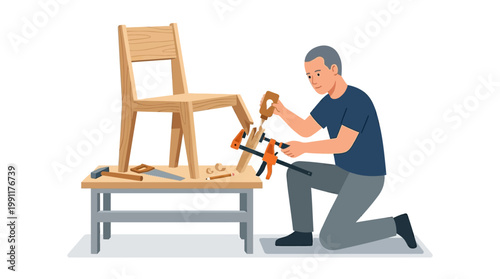 Man Repairing Broken Wooden Chair with Glue and Clamp, Carpentry and Furniture Restoration Vector Illustration
