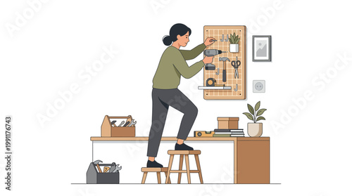 Woman Organizing Home Workshop with Tools and Pegboard, DIY Projects and Home Improvement Concept Vector Illustration