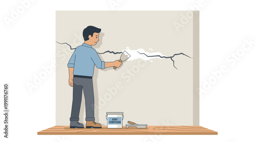 Man Repairing Large Crack in Wall with Spatula and Joint Compound, Home Maintenance and Renovation Concept Illustration