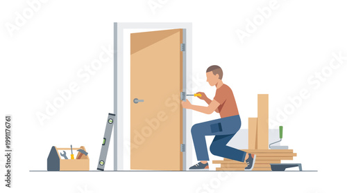 Professional Handyman Repairing and Installing a Wooden Door with Tools, Home Renovation and Maintenance Concept Flat Vector Illustration