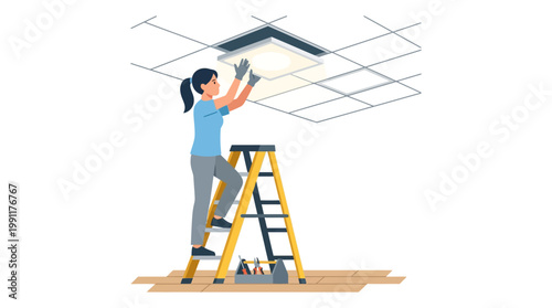 Female Electrician or Handyman Installing LED Panel Ceiling Light on a Ladder, Office Maintenance and Home Renovation Vector Illustration