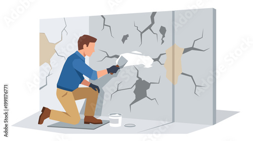 Man Repairing Cracked Wall Vector Illustration - DIY Home Maintenance and Renovation Concept