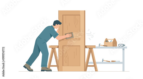 Professional Carpenter Sanding a Wooden Door in a Workshop Flat Illustration
