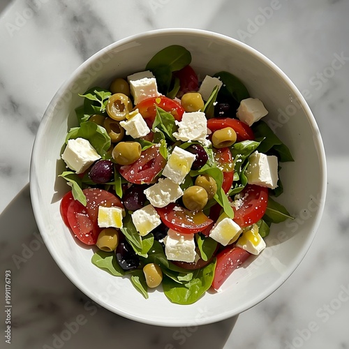 Fresh Greek salad with feta cheese and olives.