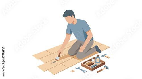 Isometric Illustration of a Professional Handyman Repairing Wooden Parquet Floor with DIY Tools