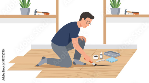 Man Repairing Scratched Wooden Floor with Filler, DIY Home Renovation and Interior Maintenance Vector Illustration