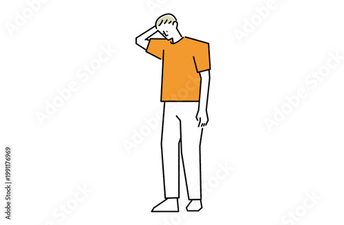 俯きながら頭をかく男性の線画イラスト