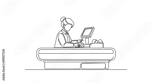 Cashier Working at Supermarket Checkout Counter with Computer and Scanner