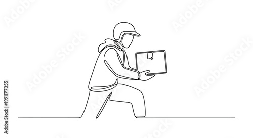 Delivery man running with package, continuous line drawing, fast service, courier with box