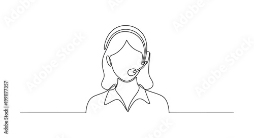 Customer service operator with headset, continuous line drawing, minimalist vector illustration