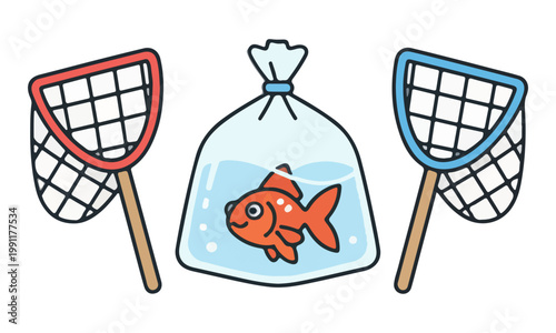 Goldfish in bag with aquarium landing nets isolated on white