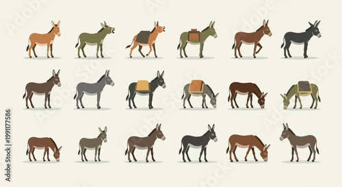 Donkeys in various poses and colors.