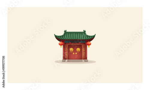 Traditional Chinese Temple Gate with Red Lanterns and Green Roof