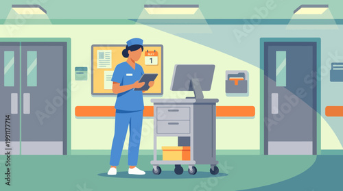 Female nurse using digital tablet in modern hospital hallway