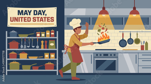 Professional Chef Cooking in Kitchen for May Day United States