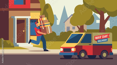 Courier Running with Stack of Boxes for Home Delivery Illustration
