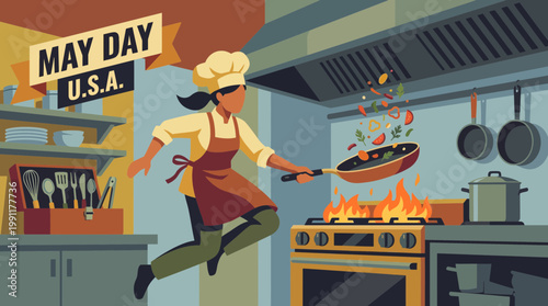 Female Chef Cooking and Jumping in Kitchen for May Day USA