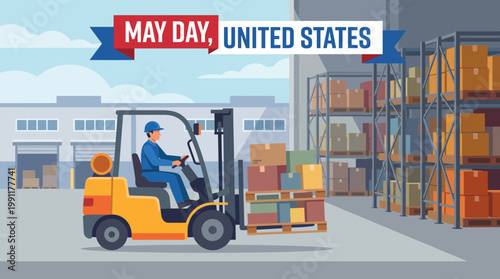 May Day United States Warehouse Worker and Forklift Vector