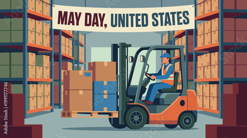 May Day United States Warehouse Laborer Operating Forklift Illustration