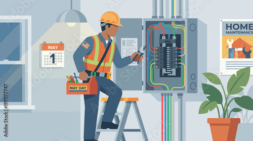 Professional electrician repairing home electrical panel illustration