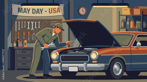 Mechanic Repairing Vintage Car in Garage Workshop Illustration