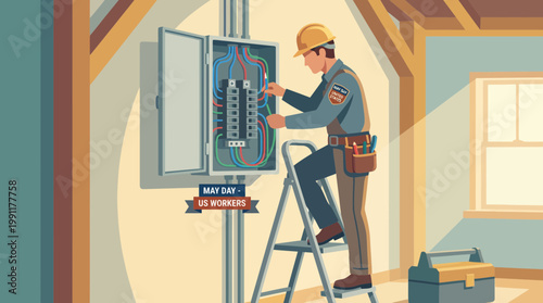 Electrician Repairing Electrical Panel in Attic Illustration