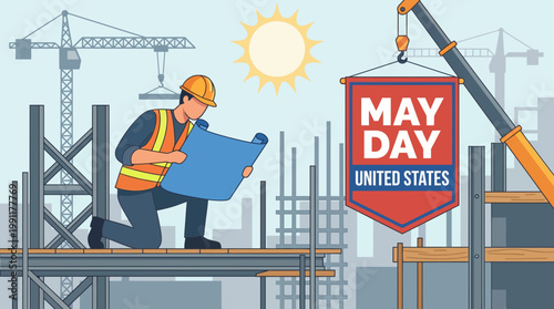 Construction Worker May Day United States Illustration with Blueprint