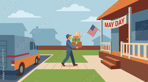 Delivery Courier Carrying Packages to Home on May Day Holiday