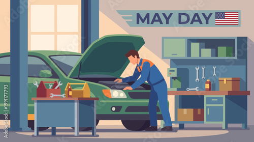 Auto mechanic repairing green car engine in garage for May Day