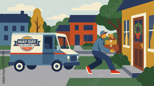 Courier delivering packages to a suburban home from a service van