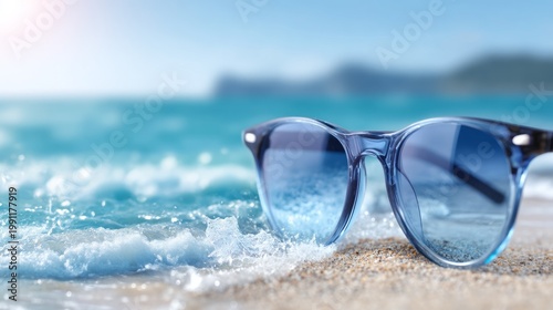 Stylish Sunglasses on Sandy Beach with Gentle Ocean Waves and Bright Sky