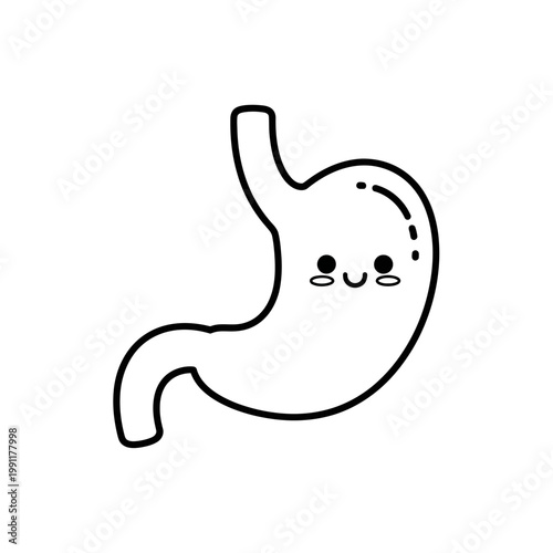Cute Smiling Stomach Cartoon Character Illustration - Kawaii Style Human Organ for Gut Health and Digestion Concepts - Vector Line Art Icon