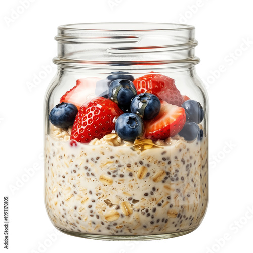 Overnight oats in glass jar with strawberry blueberry chia seeds healthy breakfast meal prep isolated transparent background clean eating nutrition concept