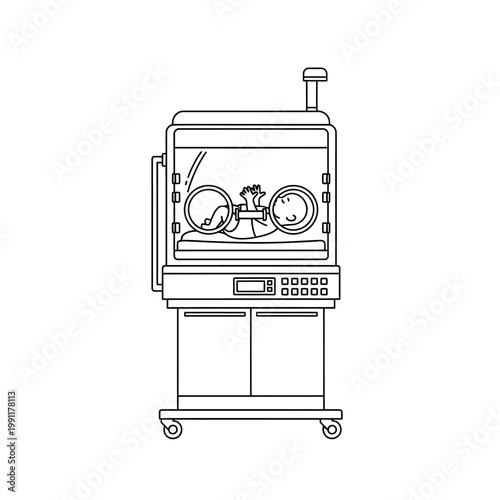 Newborn Baby in Neonatal Incubator Line Art Illustration - NICU Premature Infant Intensive Care Unit Medical Icon Vector