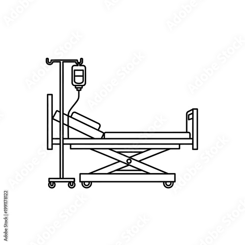 Hospital Bed with IV Stand Line Art Icon - Medical Equipment Vector Illustration