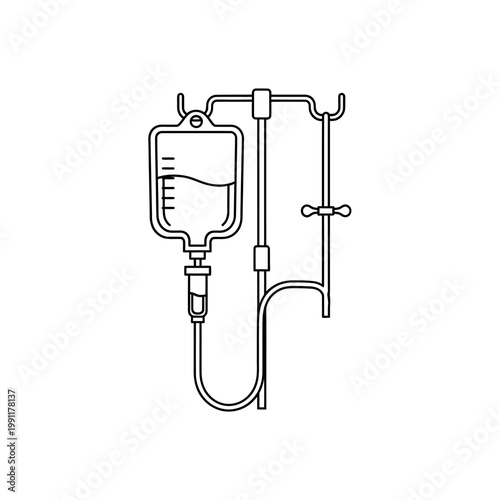 Minimalist IV Drip Bag Line Art Illustration - Medical Infusion Therapy Icon for Healthcare and Hospital Treatment Concepts