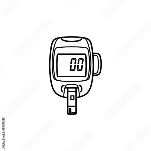 Blood Glucose Monitor Icon, Glucometer with Test Strip Line Art Illustration for Diabetes Management and Health Monitoring