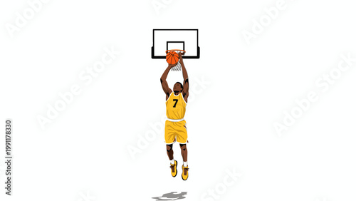 Basketball Player in Yellow Jersey Making a Layup Shot on White