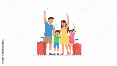 Family Holding Flight Tickets and Suitcases for Vacation