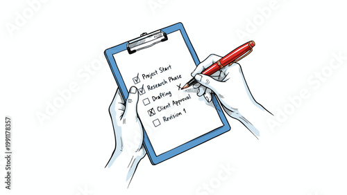 Hand holding clipboard with project management checklist illustration