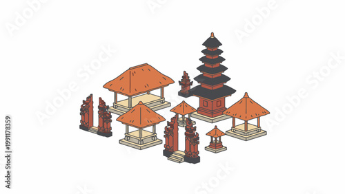 Isometric Bali Hindu Pura Temple Complex with Pagoda and Pavilions