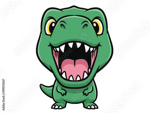 Green T-Rex Dinosaur Character Roaring on White Background