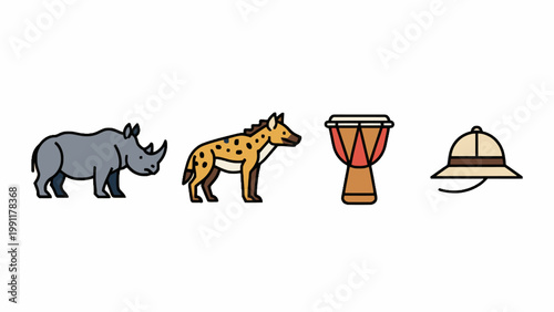 African Safari Animal and Travel Icons on White Background