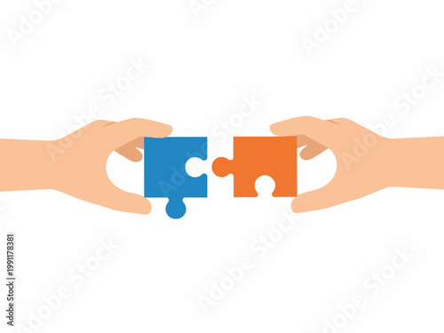 Tableau sur toile Hands connecting blue and orange jigsaw puzzle pieces