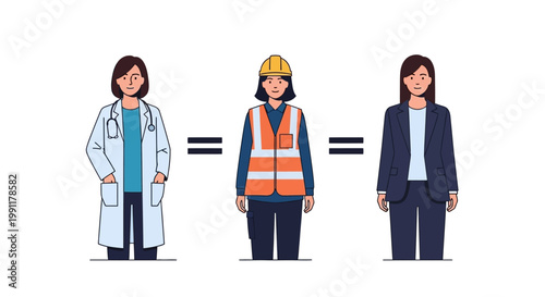 Professional Women in Diverse Careers with Equality Signs Illustration - Concept for Gender Equity, Career Opportunities, and Workplace Diversity