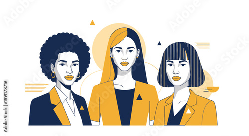 Diverse Professional Women Team in Minimalist Vector Illustration, Female Business Leaders Empowerment and Corporate Diversity Concept