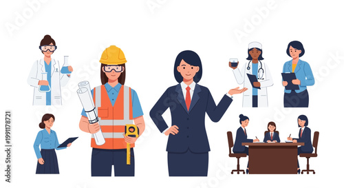 Diverse Women Professionals in Various Careers Set: Scientist, Engineer, Business Leader, Doctor, and Office Workers. Flat Vector Illustration for Female Empowerment and Workforce.