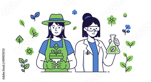 Sustainable Agriculture and Biotechnology Illustration: Female Scientist and Gardener Collaborating on Plant Research and Organic Farming Innovation