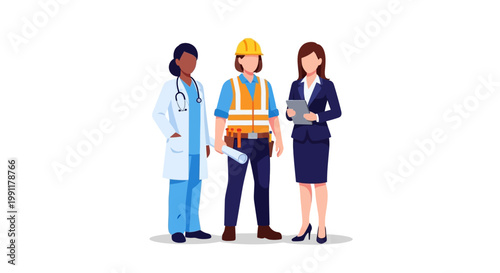 Diverse Professional Women in Different Occupations: Medical Doctor, Construction Engineer, and Corporate Executive Vector Illustration